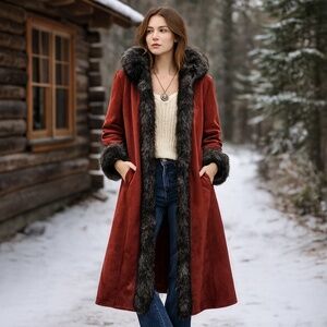 Vintage Y2K Novelti Red Faux Suede Faux Fur Penny Lane Coat 70s Boho L